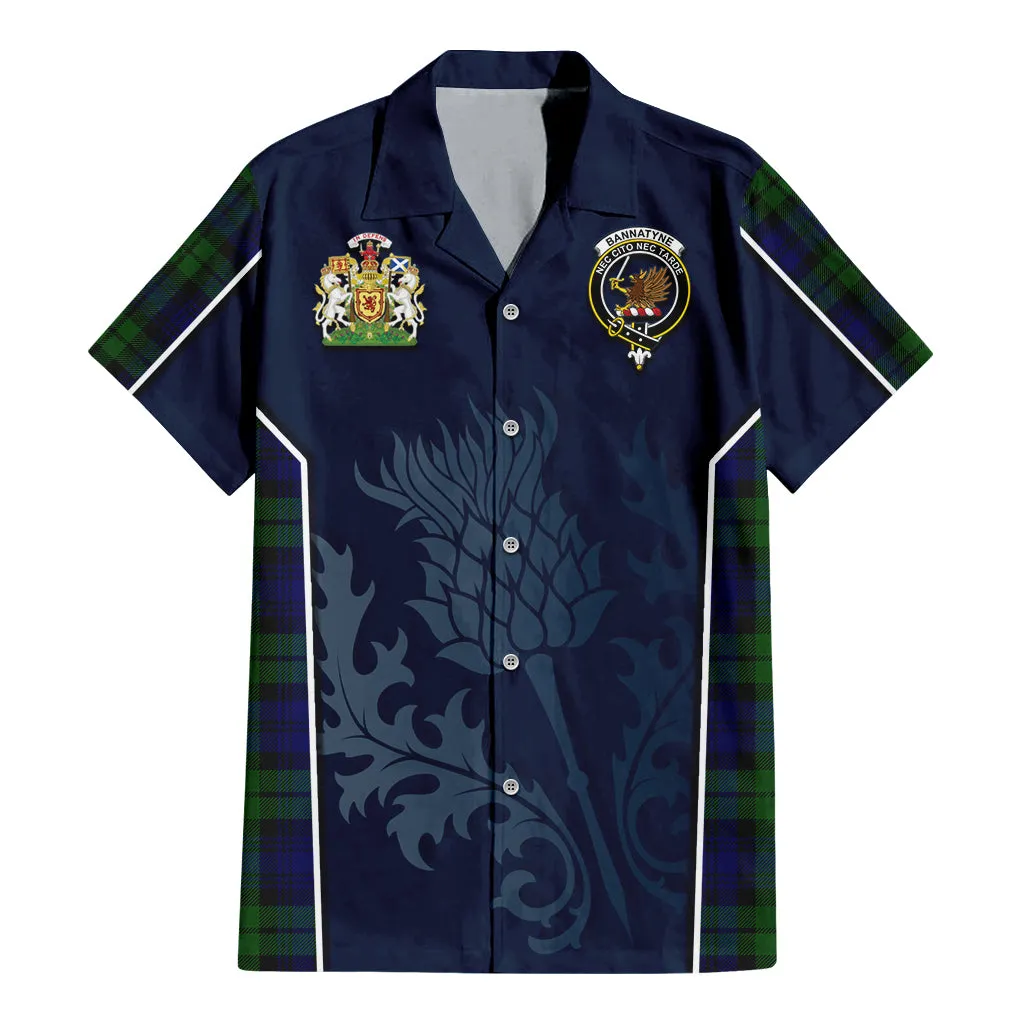 Bannatyne Tartan Short Sleeve Button Up Shirt with Family Crest and Scottish Thistle Vibes Sport Style