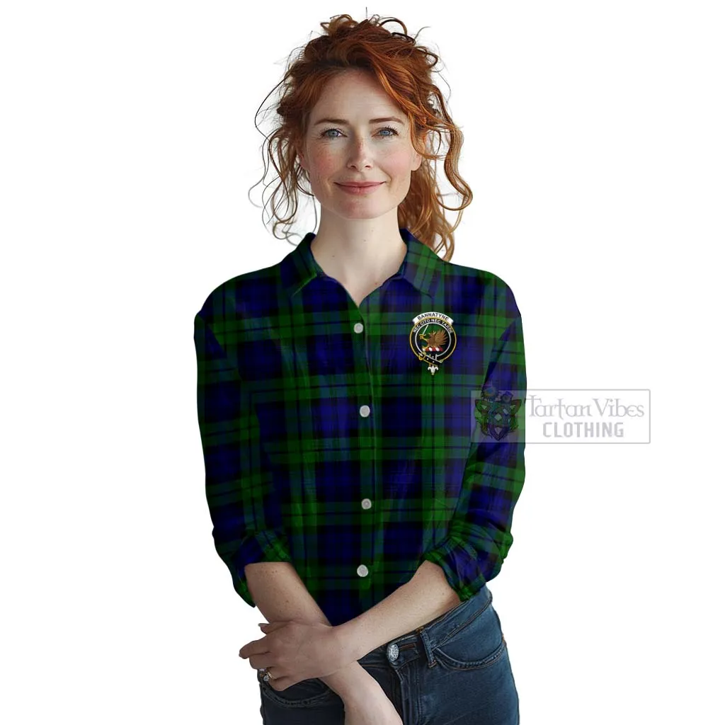 Bannatyne Tartan Women's Casual Shirt with Family Crest and Bearded Skull Holding Bottles of Whiskey