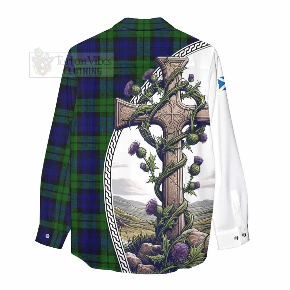 Bannatyne Tartan Women's Casual Shirt with Family Crest and St. Andrew's Cross Accented by Thistle Vines