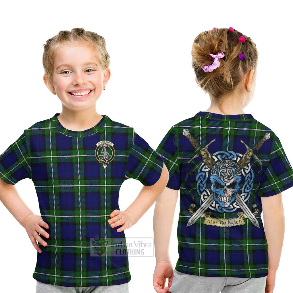 Bannerman Tartan Kid T-Shirt with Family Crest Celtic Skull Style