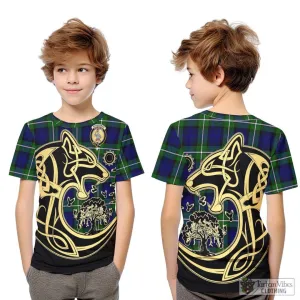 Bannerman Tartan Kid T-Shirt with Family Crest Celtic Wolf Style