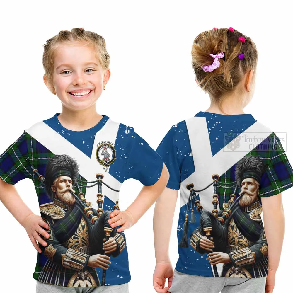 Bannerman Tartan Kid T-Shirt with Family Crest Scottish Bagpiper Vibes