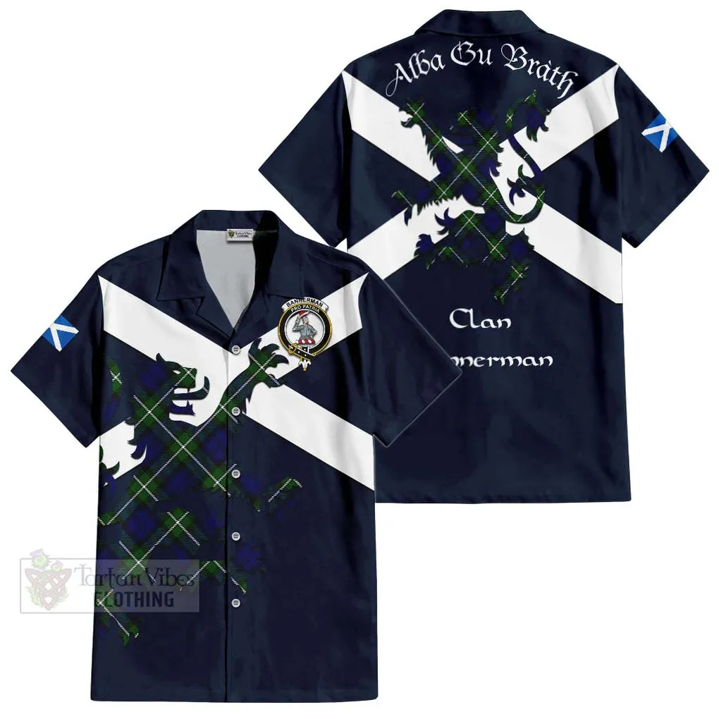 Bannerman Tartan Lion Rampant Short Sleeve Button Shirt  Proudly Display Your Heritage with Alba Gu Brath and Clan Name