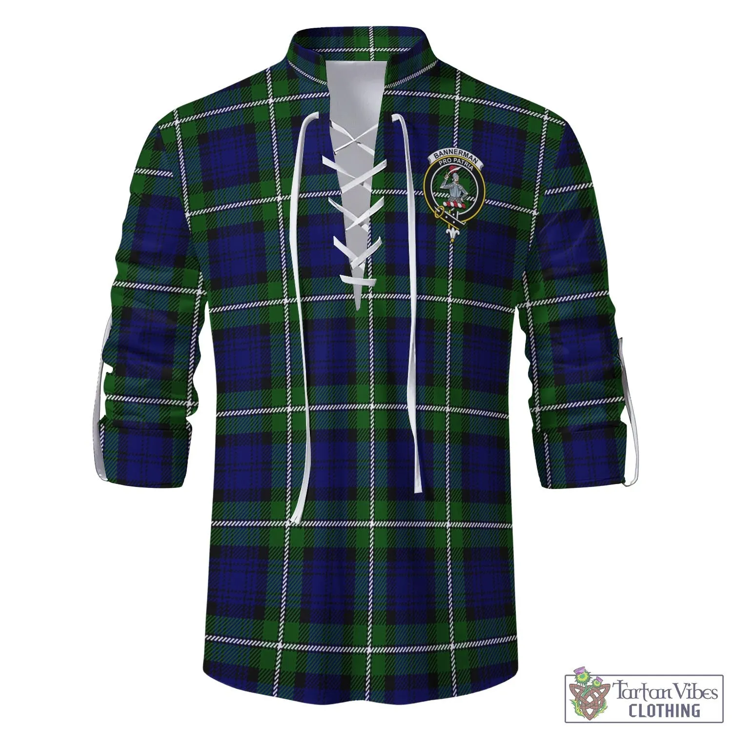 Bannerman Tartan Men's Scottish Traditional Jacobite Ghillie Kilt Shirt with Family Crest