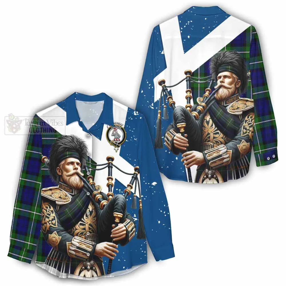 Bannerman Tartan Women's Casual Shirt with Family Crest Scottish Bagpiper Vibes