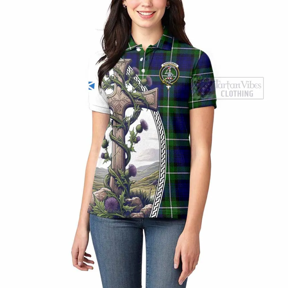 Bannerman Tartan Women's Polo Shirt with Family Crest and St. Andrew's Cross Accented by Thistle Vines