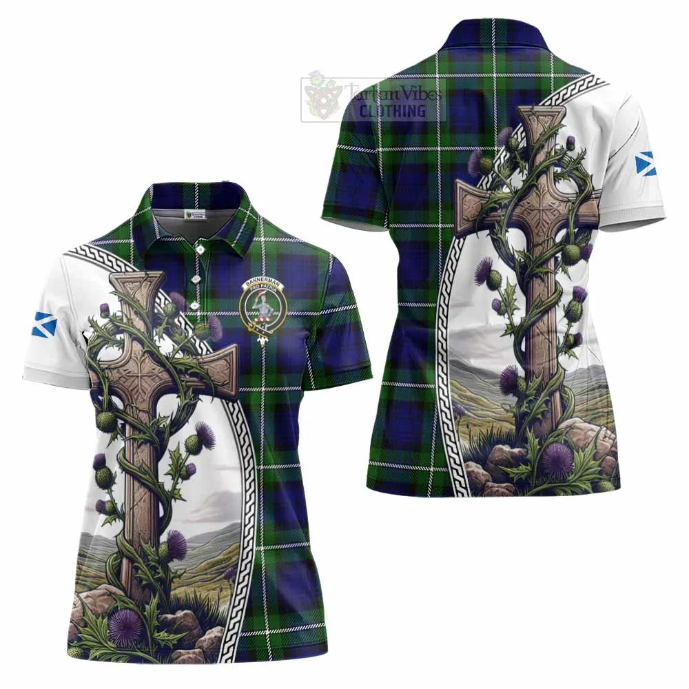 Bannerman Tartan Women's Polo Shirt with Family Crest and St. Andrew's Cross Accented by Thistle Vines