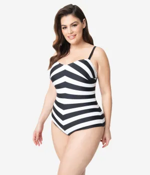 Barbie x Unique Vintage Plus Size Black & White Chevron Stripe One Piece Bathing Suit