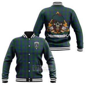 Barclay Tartan Baseball Jacket with Family Crest and Bearded Skull Holding Bottles of Whiskey