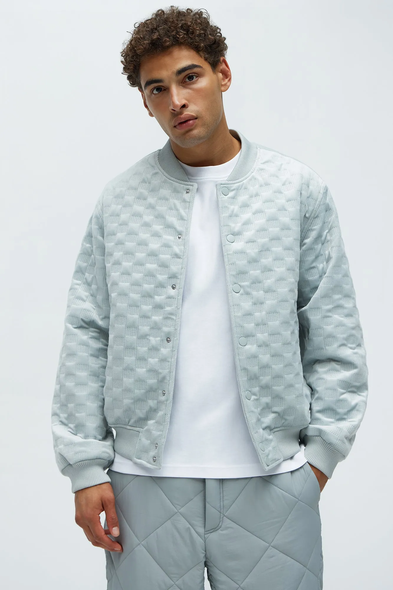 Bard Embossed Checker Bomber Jacket - Grey