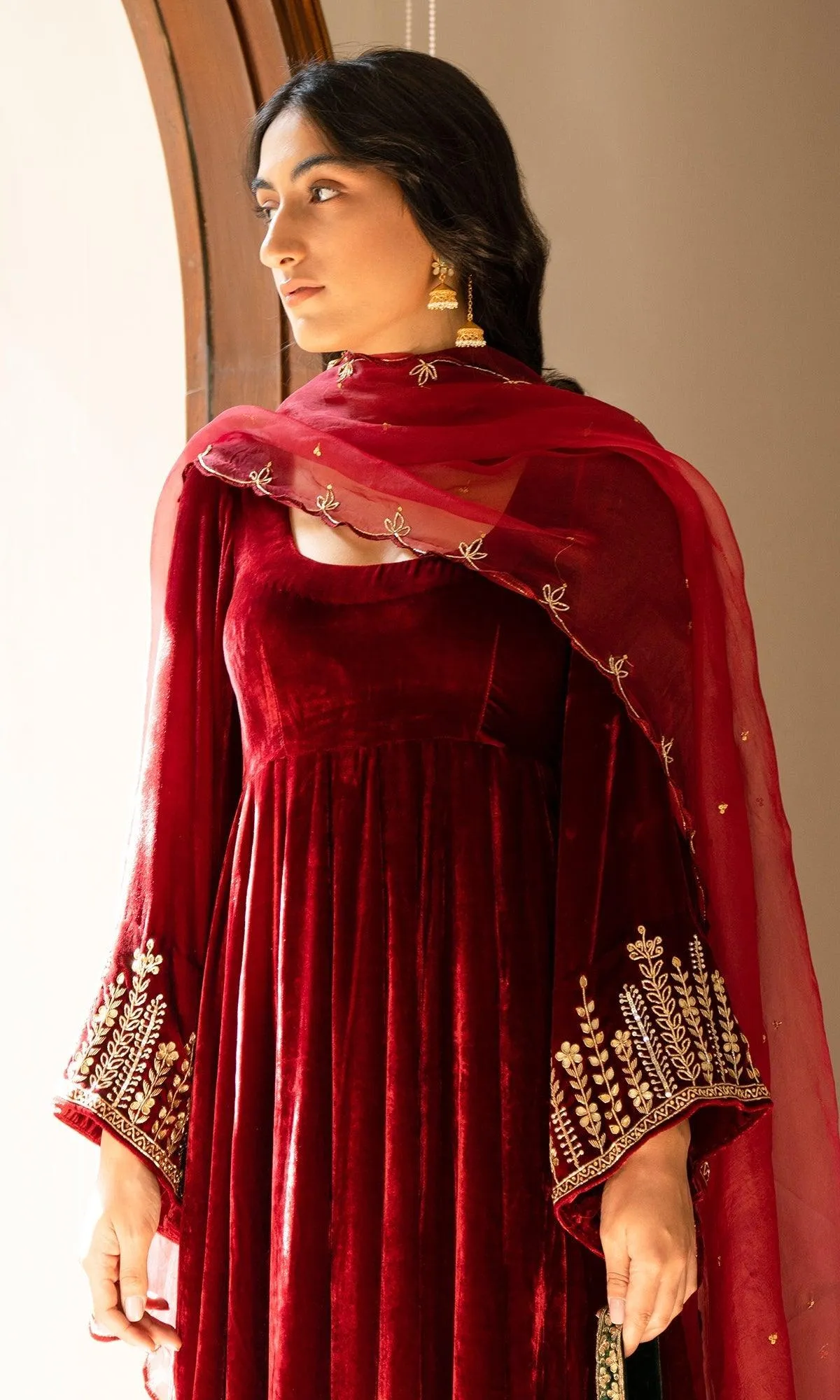 Bareen Embroidered  - Red Velvet Anarkali With Palazzo And Organza velvet Dupatta - Set of 3 - RTS