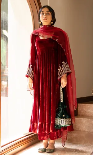 Bareen Embroidered  - Red Velvet Anarkali With Palazzo And Organza velvet Dupatta - Set of 3 - RTS