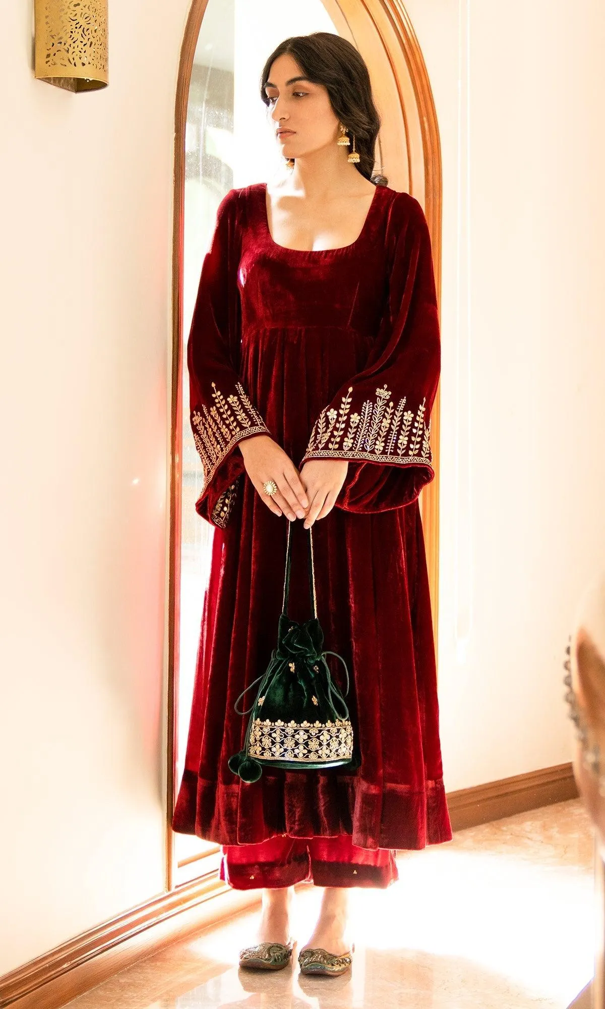 Bareen Embroidered  - Red Velvet Anarkali With Palazzo And Organza velvet Dupatta - Set of 3 - RTS