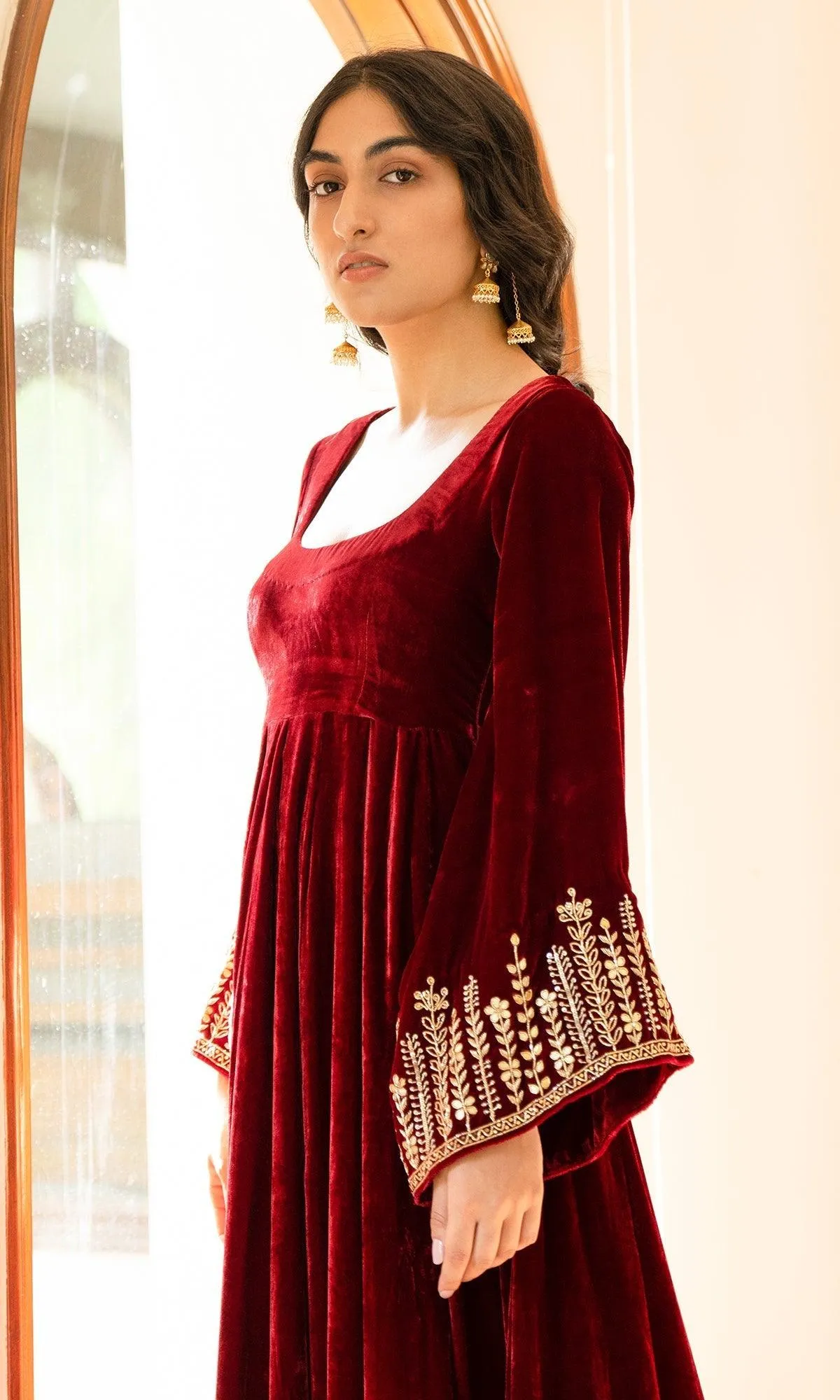 Bareen Embroidered  - Red Velvet Anarkali With Palazzo And Organza velvet Dupatta - Set of 3 - RTS