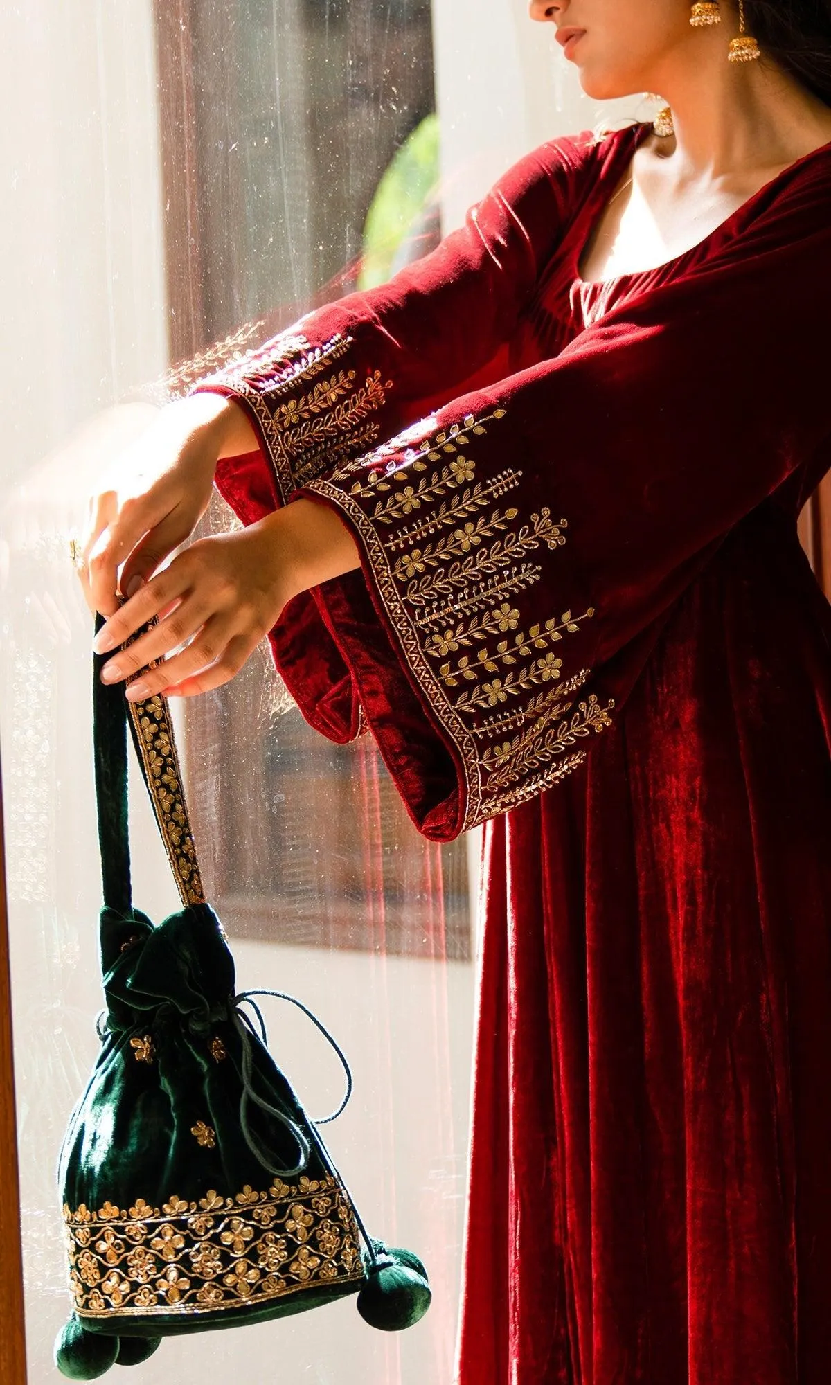 Bareen Embroidered  - Red Velvet Anarkali With Palazzo And Organza velvet Dupatta - Set of 3 - RTS