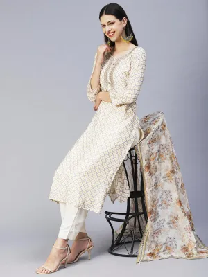 Barfi Printed Zari Embroidered Kurta With Pants & Dupatta - Off White