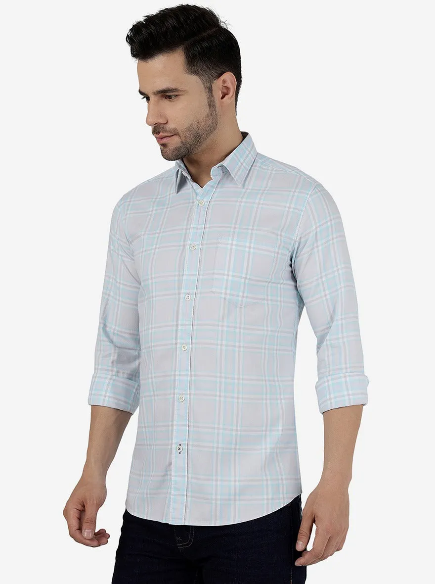 Barley Blue Checked Slim Fit Casual Shirt | JadeBlue