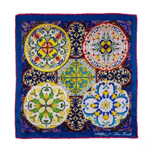 Baroque Ceramic Blue and Multicolor Silk Pocket Square