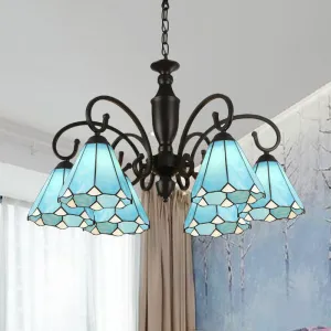 Baroque Glass Chandelier Pendant Light with 6 Conical/Domed Lights in White, Sky Blue & Dark Blue for Bedroom Suspension Lighting