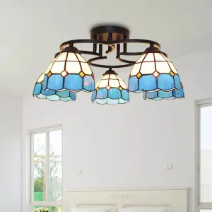 Baroque Glass Grid Pattern Semi Flush Light Fixture - 5 Lights - Blue/Light Blue - Black Ceiling Mount for Bedroom