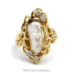 Baroque Pearl Ring with Diamond Accents in 14k Yellow Gold Vine Designed Setting