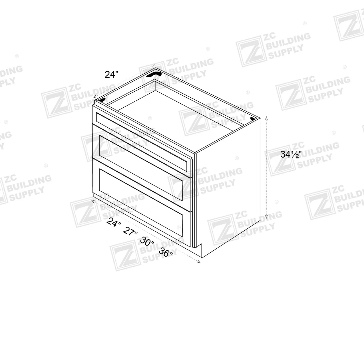 Base 30" - Pure Black 30 Inches 3 Drawer Base Cabinet /30"