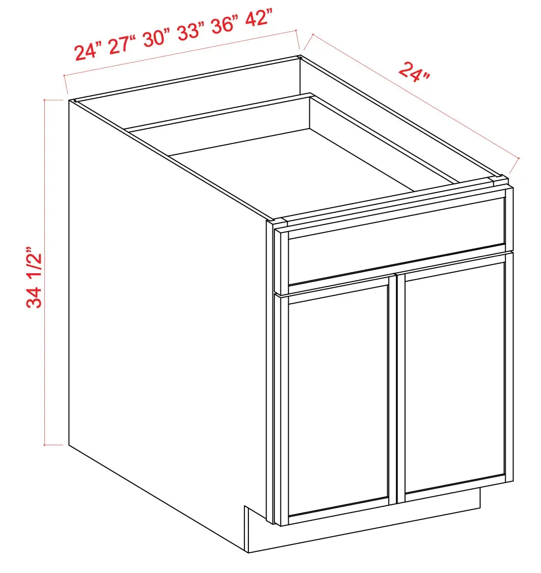 Base Cabinet 24"-27" - Double Door One Drawer - Shaker Slim