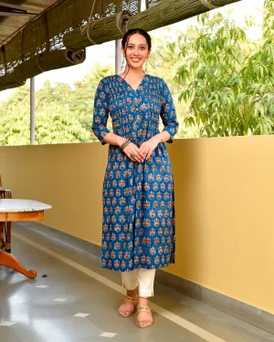 Bashir Blue Handblock Cotton Pleated Straight Buti Kurta