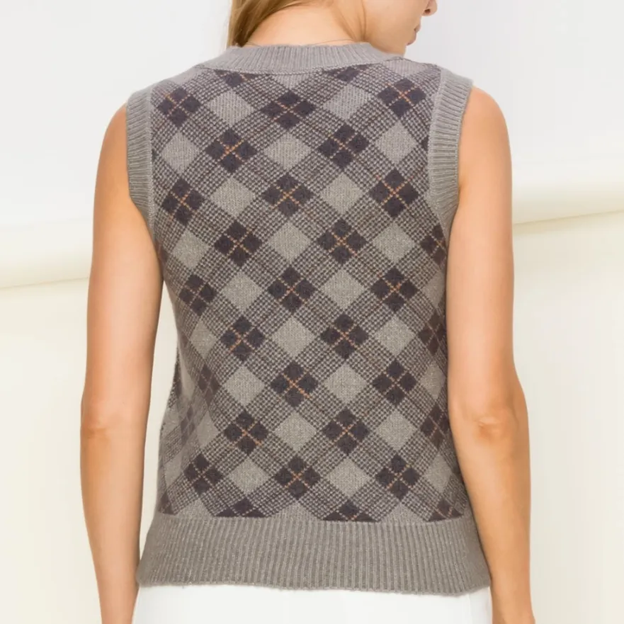 Basics Alive Argyle Pattern Gray Sweater Vest