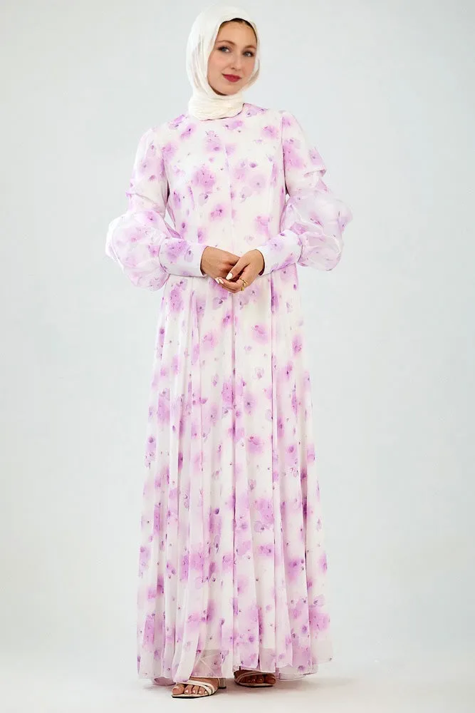 Basma Flared Sleeve High Neck Maxi Dress in Floral Chiffon