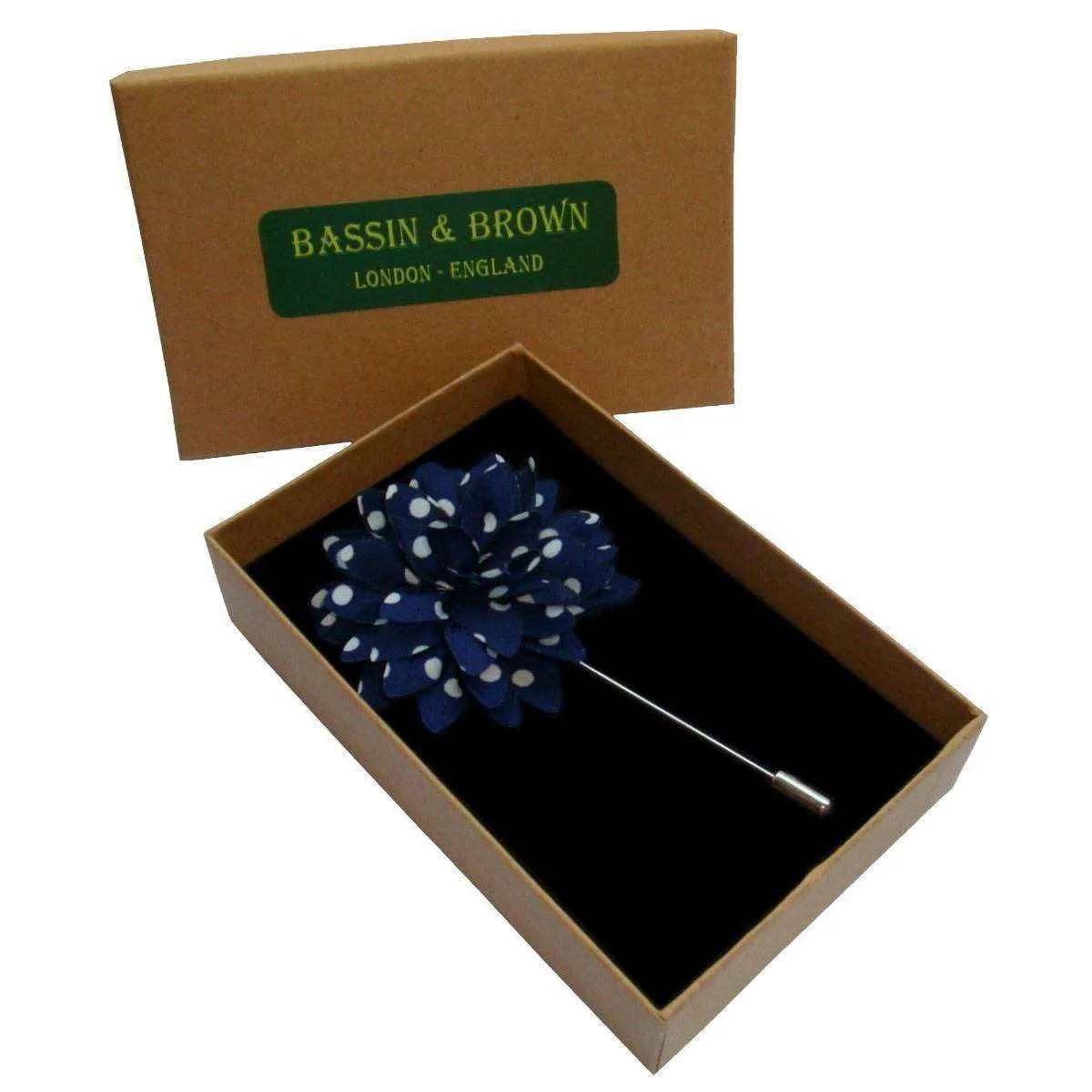 Bassin and Brown Polka Dot Flower Lapel Pin - Navy/White