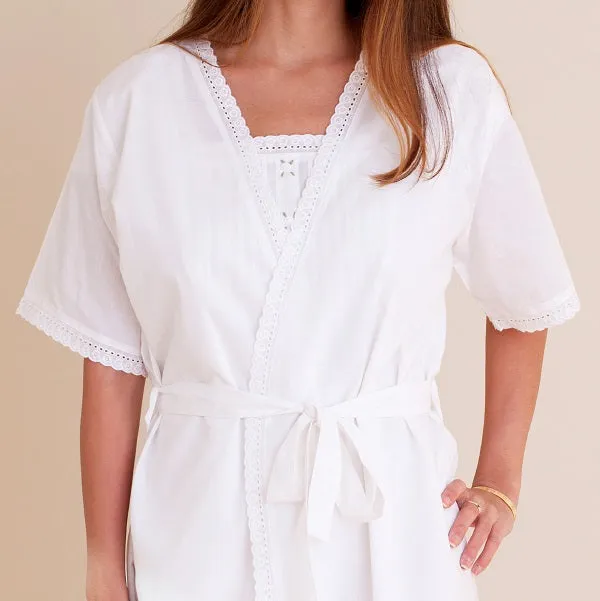 Bathrobe - White Cotton, Short Sleeve