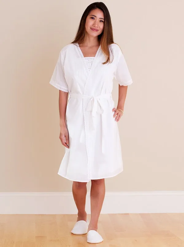 Bathrobe - White Cotton, Short Sleeve