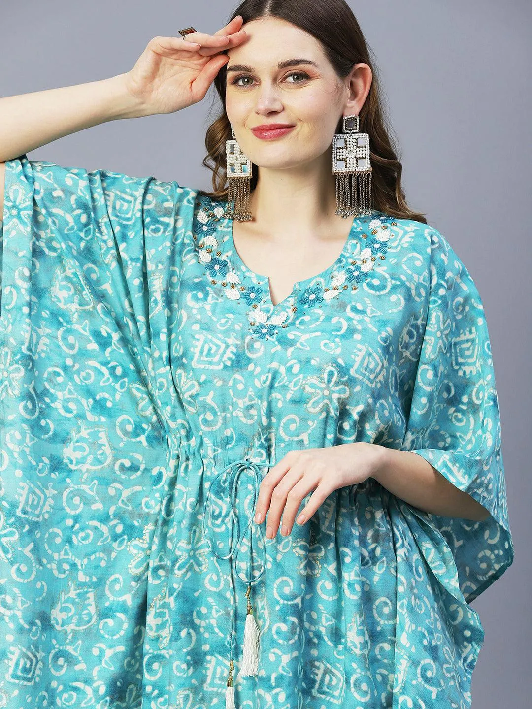 Batik Printed Beads Embellished Kaftan With Printed Pants - Turquoise Blue