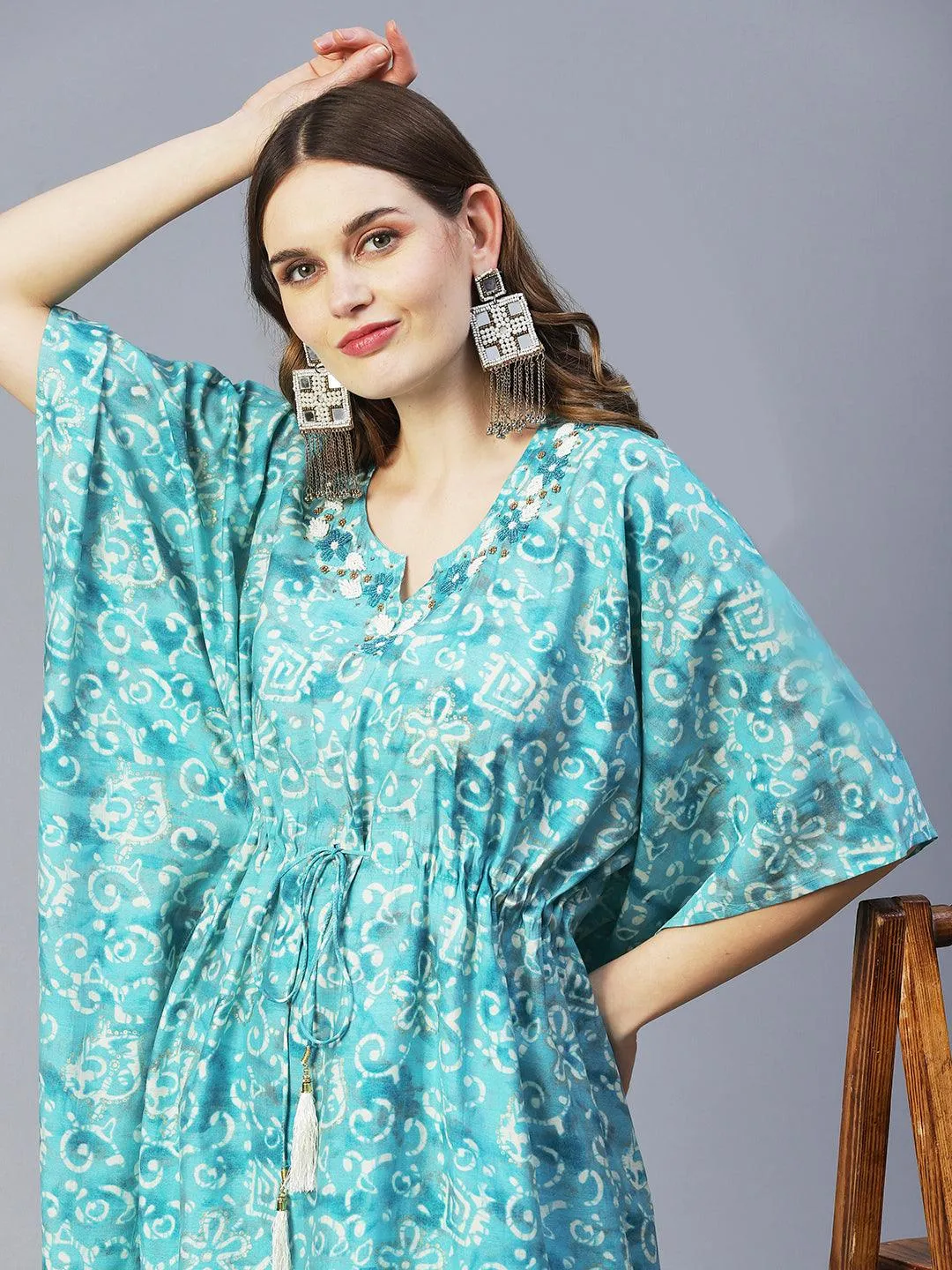 Batik Printed Beads Embellished Kaftan With Printed Pants - Turquoise Blue