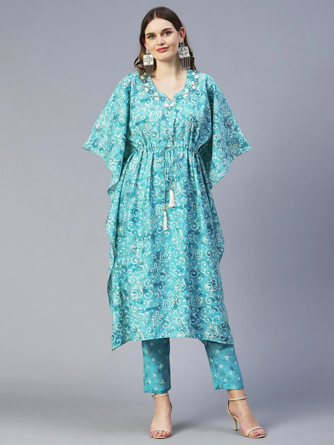 Batik Printed Beads Embellished Kaftan With Printed Pants - Turquoise Blue