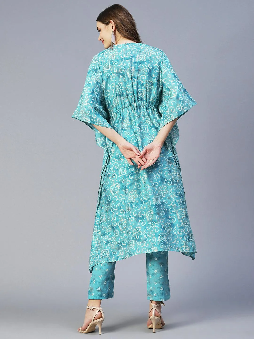 Batik Printed Beads Embellished Kaftan With Printed Pants - Turquoise Blue