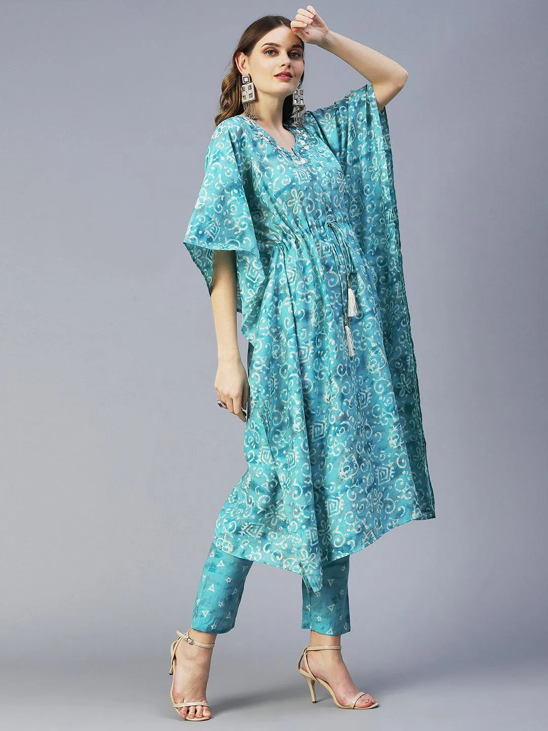 Batik Printed Beads Embellished Kaftan With Printed Pants - Turquoise Blue