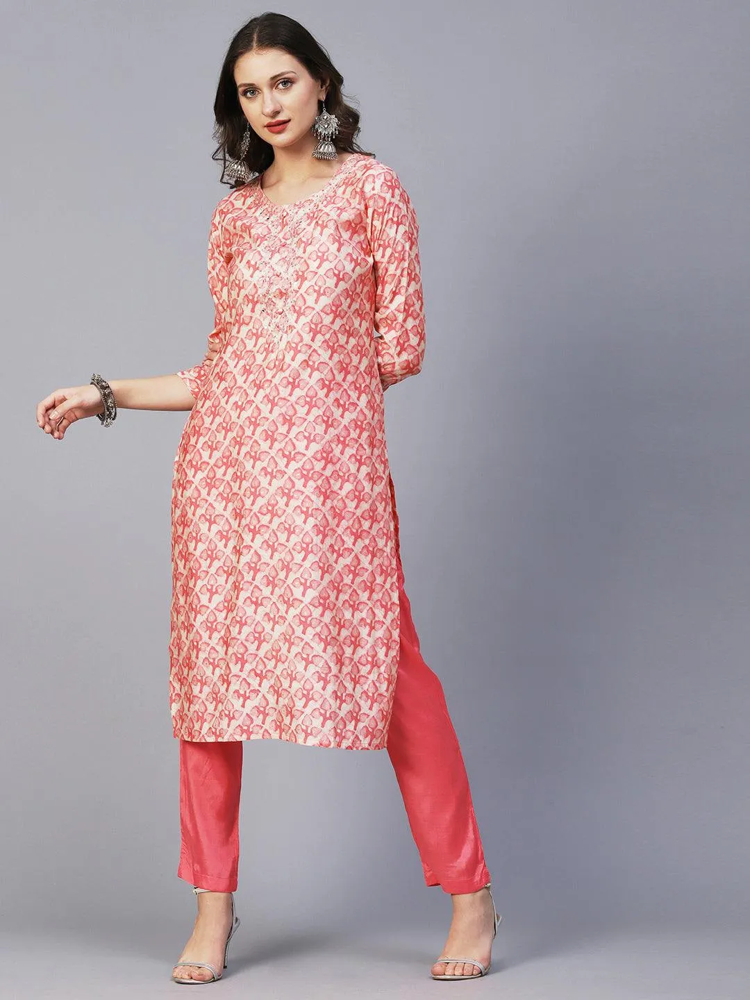 Batik Printed Mirror & Zari Embroidered Kurta With Pants & Dupatta - Peach Pink