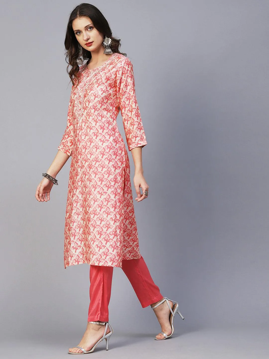 Batik Printed Mirror & Zari Embroidered Kurta With Pants & Dupatta - Peach Pink