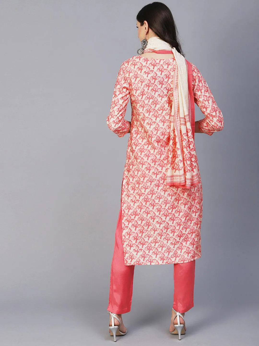 Batik Printed Mirror & Zari Embroidered Kurta With Pants & Dupatta - Peach Pink