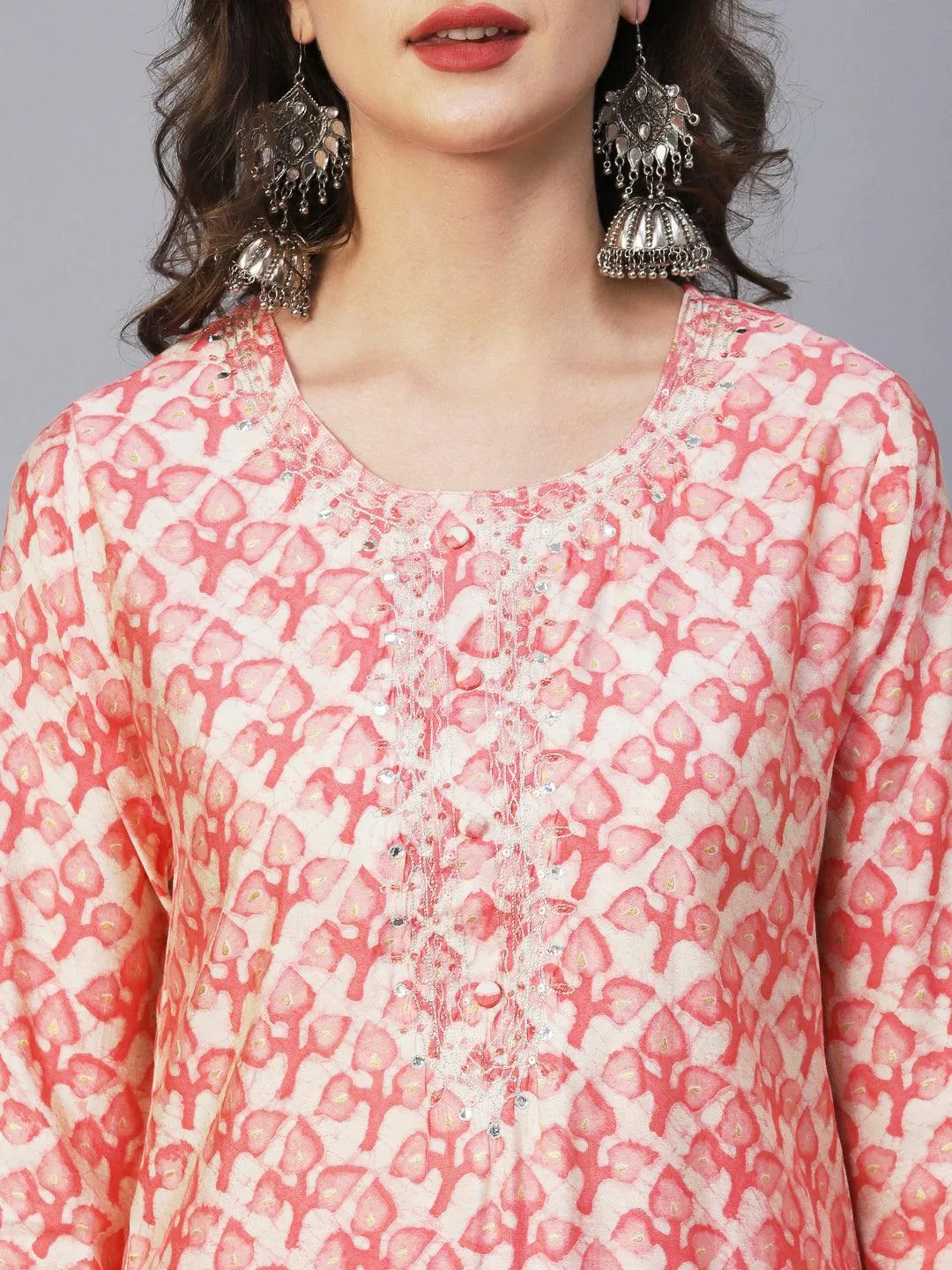 Batik Printed Mirror & Zari Embroidered Kurta With Pants & Dupatta - Peach Pink