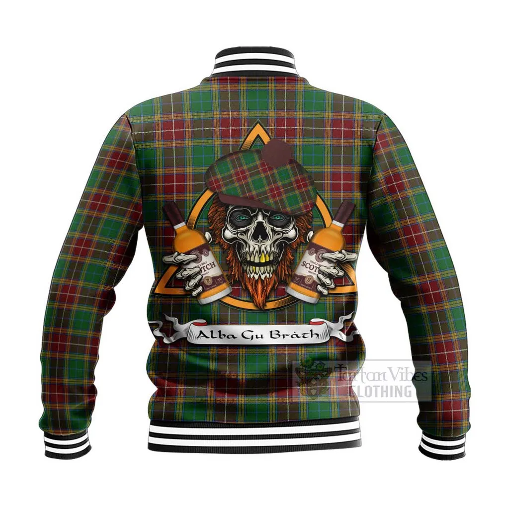 Baxter Tartan Baseball Jacket with Family Crest and Bearded Skull Holding Bottles of Whiskey