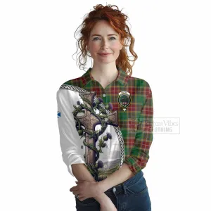 Baxter Tartan Women's Casual Shirt with Family Crest and St. Andrew's Cross Accented by Thistle Vines