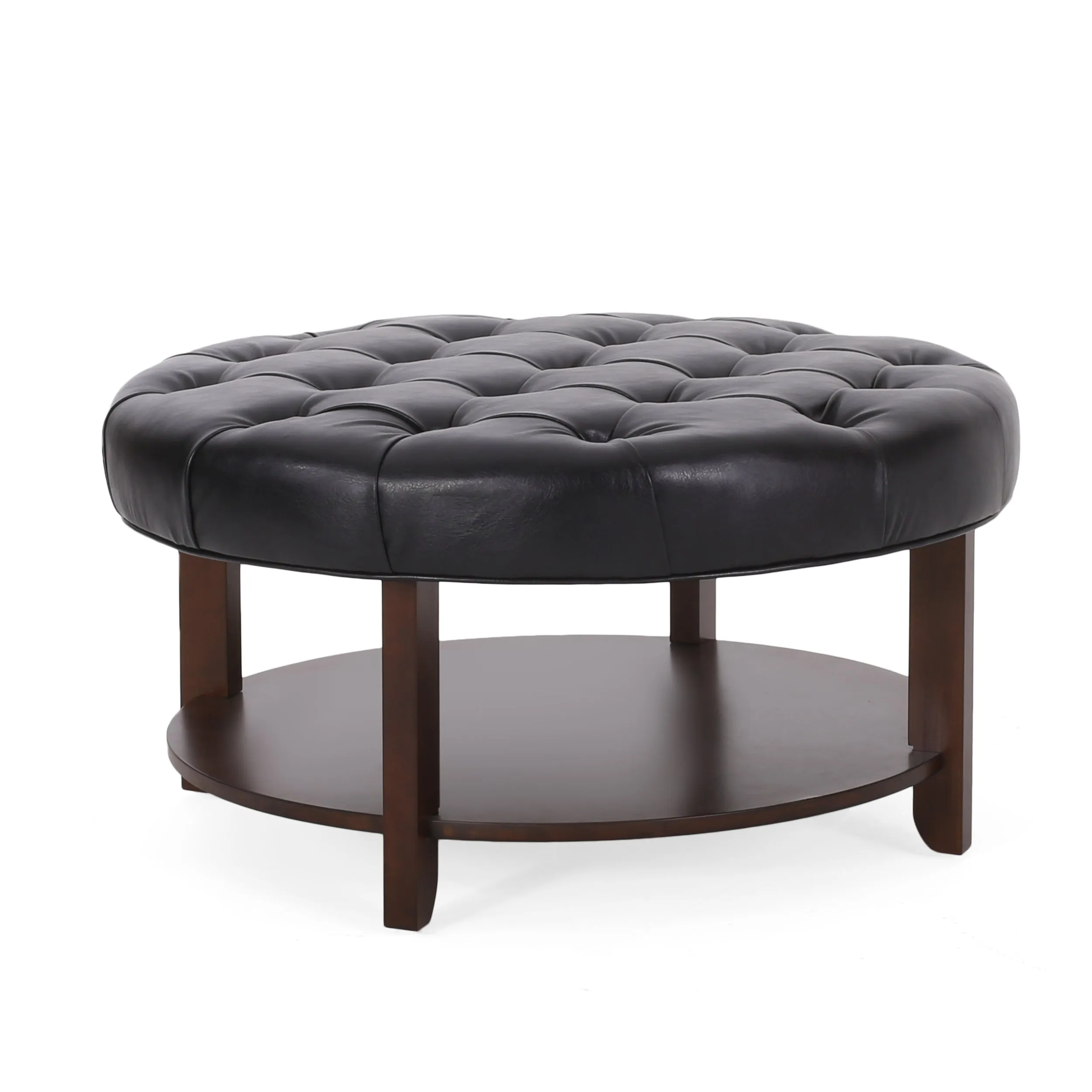 Baynes Contemporary Faux Leather Tufted Wood Round Ottoman with Open Shelf