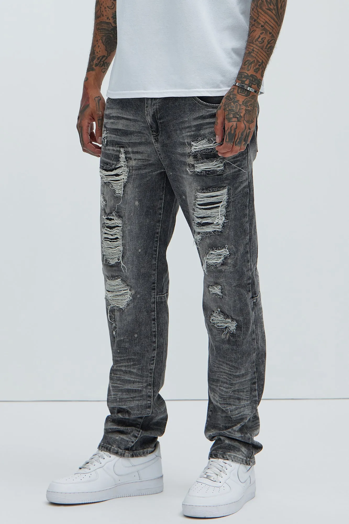 Be With It Distressed Straight Jeans - Grey