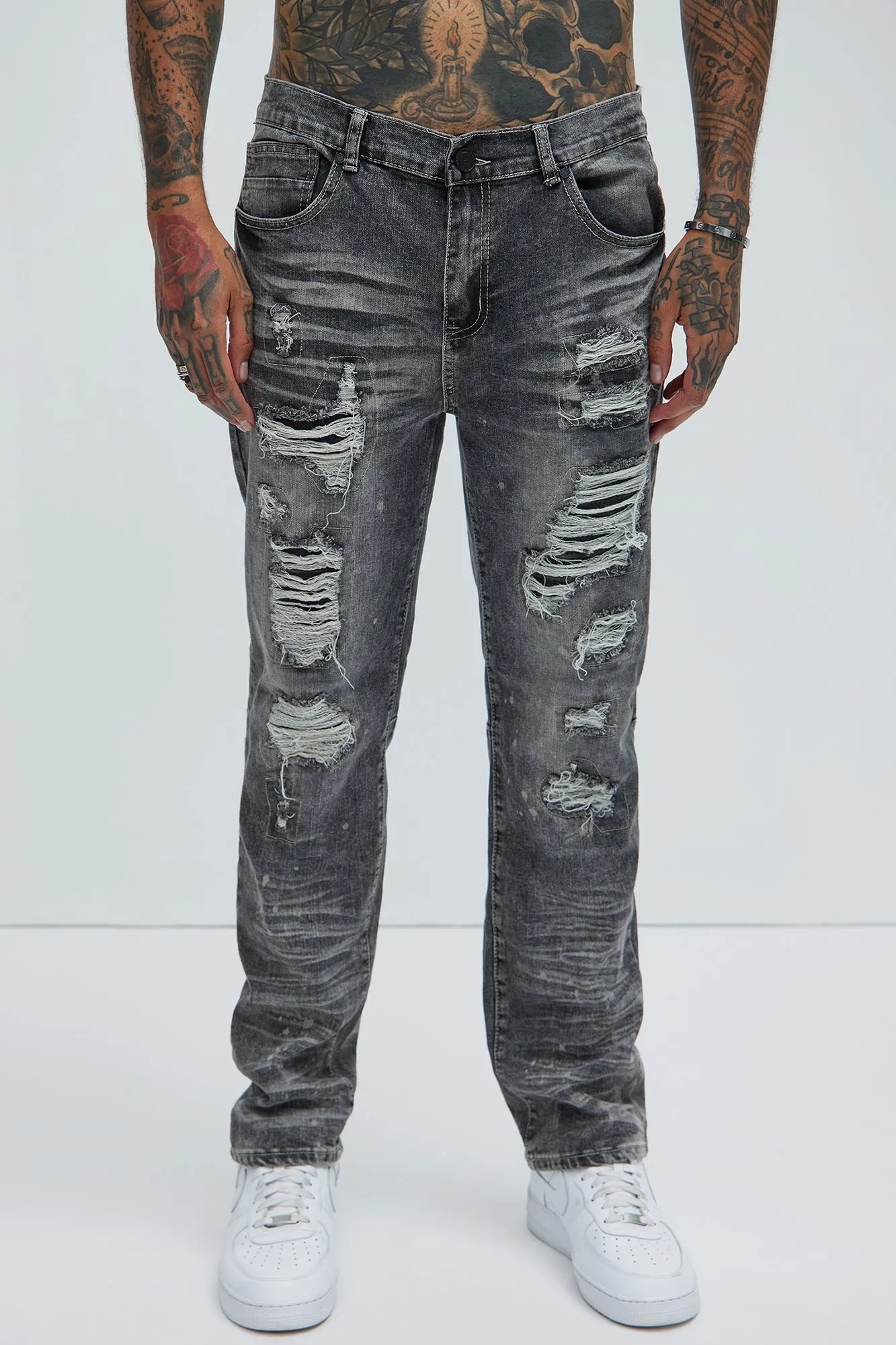 Be With It Distressed Straight Jeans - Grey