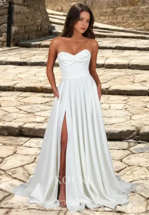 Beach A-Line Sweetheart Wedding Dress Sleeveless High Split Pleated Satin Boho Gowns with Train