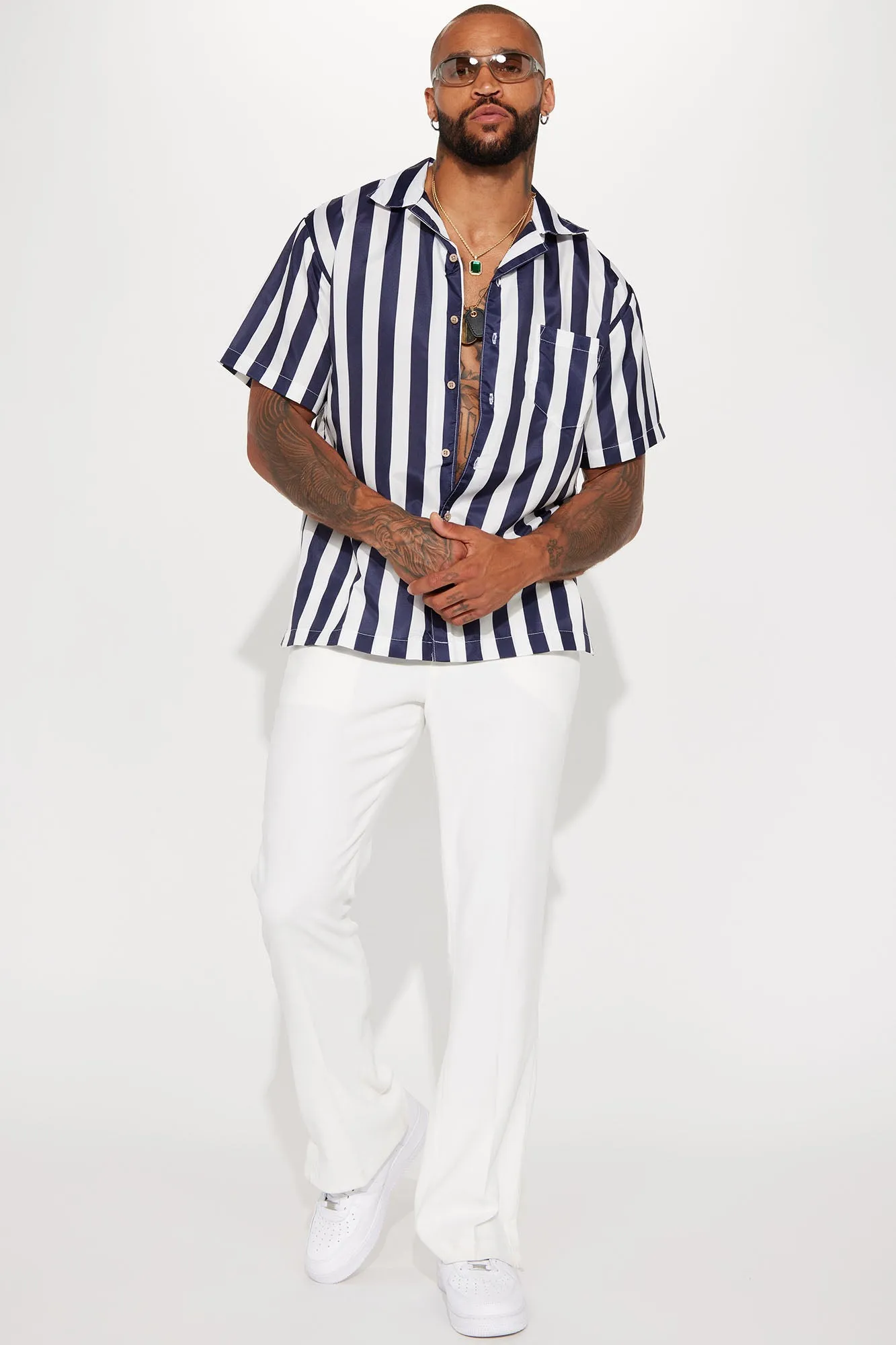 Beach Stripe Short Sleeve Woven Top - Navy/combo