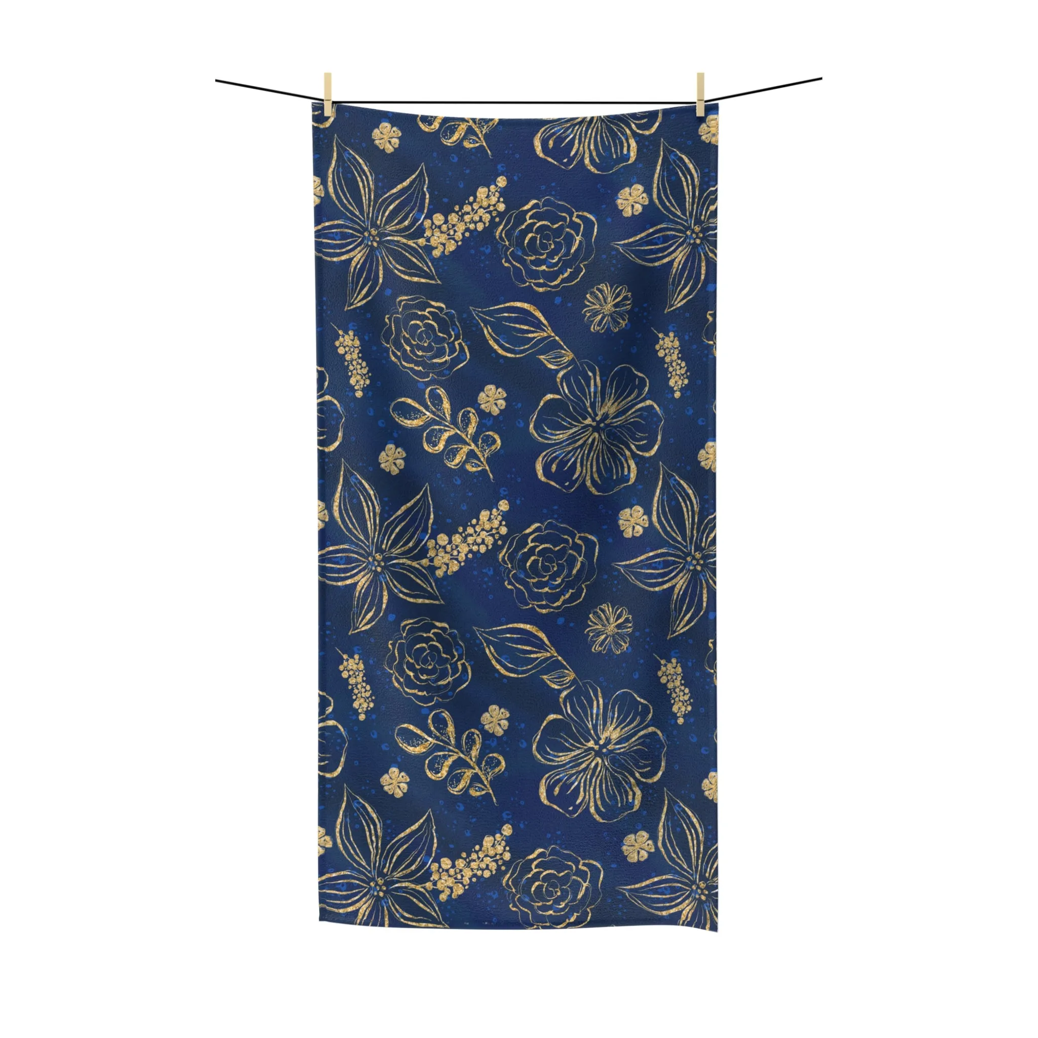 Beach Towel, Candy Blue Gold Flowers, Polycotton Towel